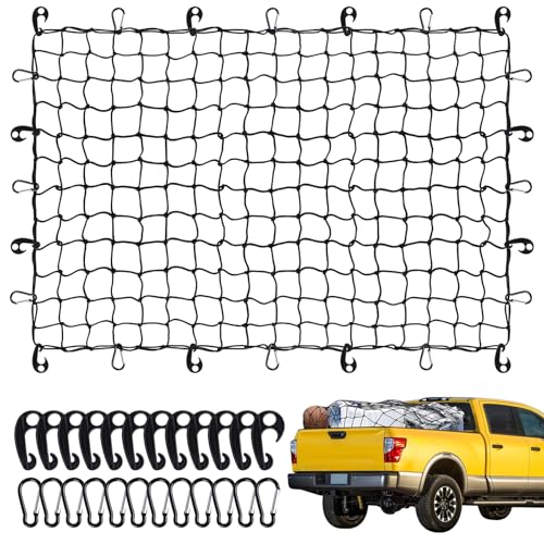 Migaven Heavy Duty Cargo Net for Pickup Truck Bed - 4' x 6' Stretches to 10' x 15' - Small 4"x4" Latex Bungee Net Mesh with 24 Clips - Compatible with Ford, Chevy, Dodge Ram, Toyota - Image 1