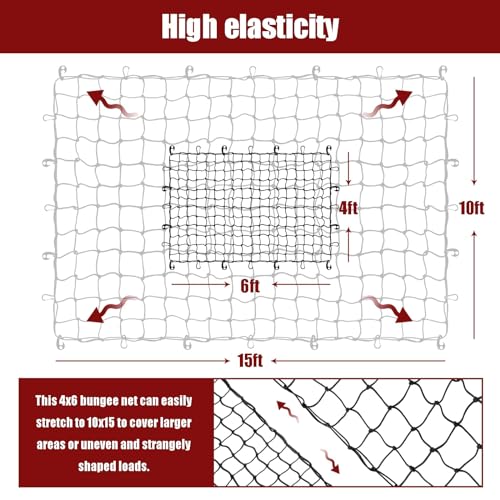 Migaven Heavy Duty Cargo Net for Pickup Truck Bed - 4' x 6' Stretches to 10' x 15' - Small 4"x4" Latex Bungee Net Mesh with 24 Clips - Compatible with Ford, Chevy, Dodge Ram, Toyota - Image 4