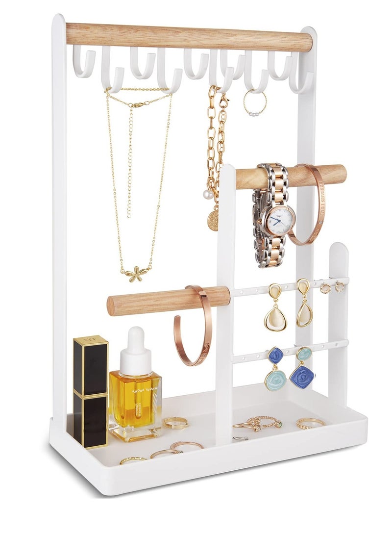 Excefore Jewelry Organizer Stand Necklace Holder, with Earring Tray and 10 Hooks, 4 Tier Necklace Holder Display,  Hanging Small Jewelry Holder Organize, for Bracelets Rings Watches (White) - Image 1