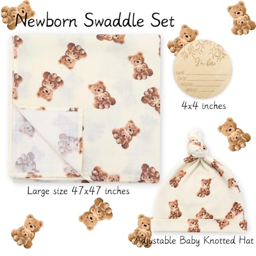 LifeTree Muslin Swaddle Blankets, Muslin Baby Swaddle Blanket and Hat Set with Birth Announcement Card, Newborn Unisex Receiving Blankets Bear Pattern - Image 4