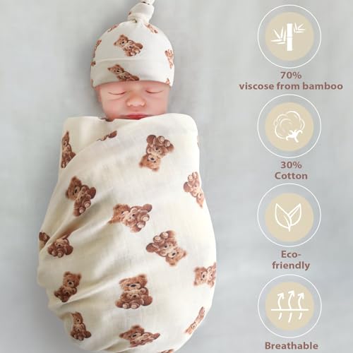 LifeTree Muslin Swaddle Blankets, Muslin Baby Swaddle Blanket and Hat Set with Birth Announcement Card, Newborn Unisex Receiving Blankets Bear Pattern - Image 2