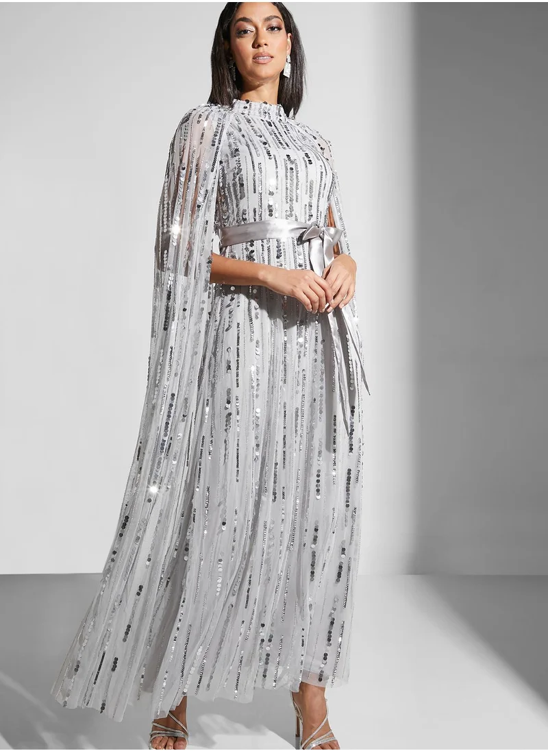 Amelia Rose High Neck Cape Sleeve Embellished Dress