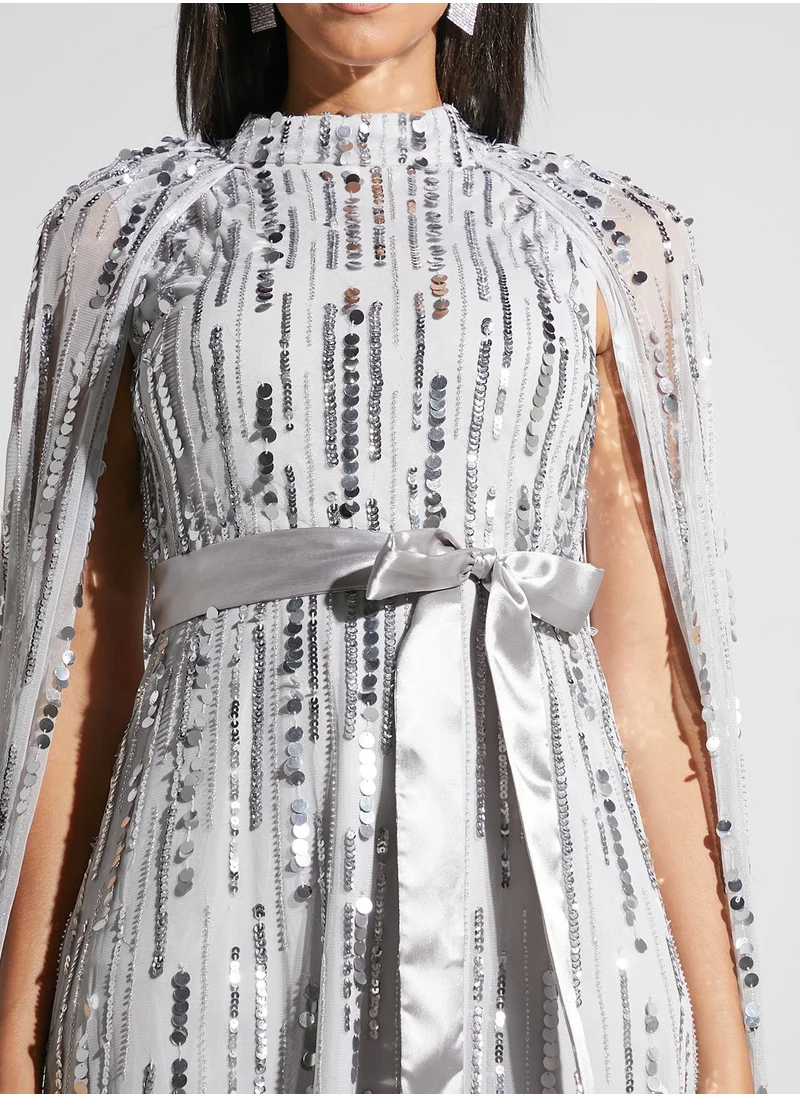 Amelia Rose High Neck Cape Sleeve Embellished Dress