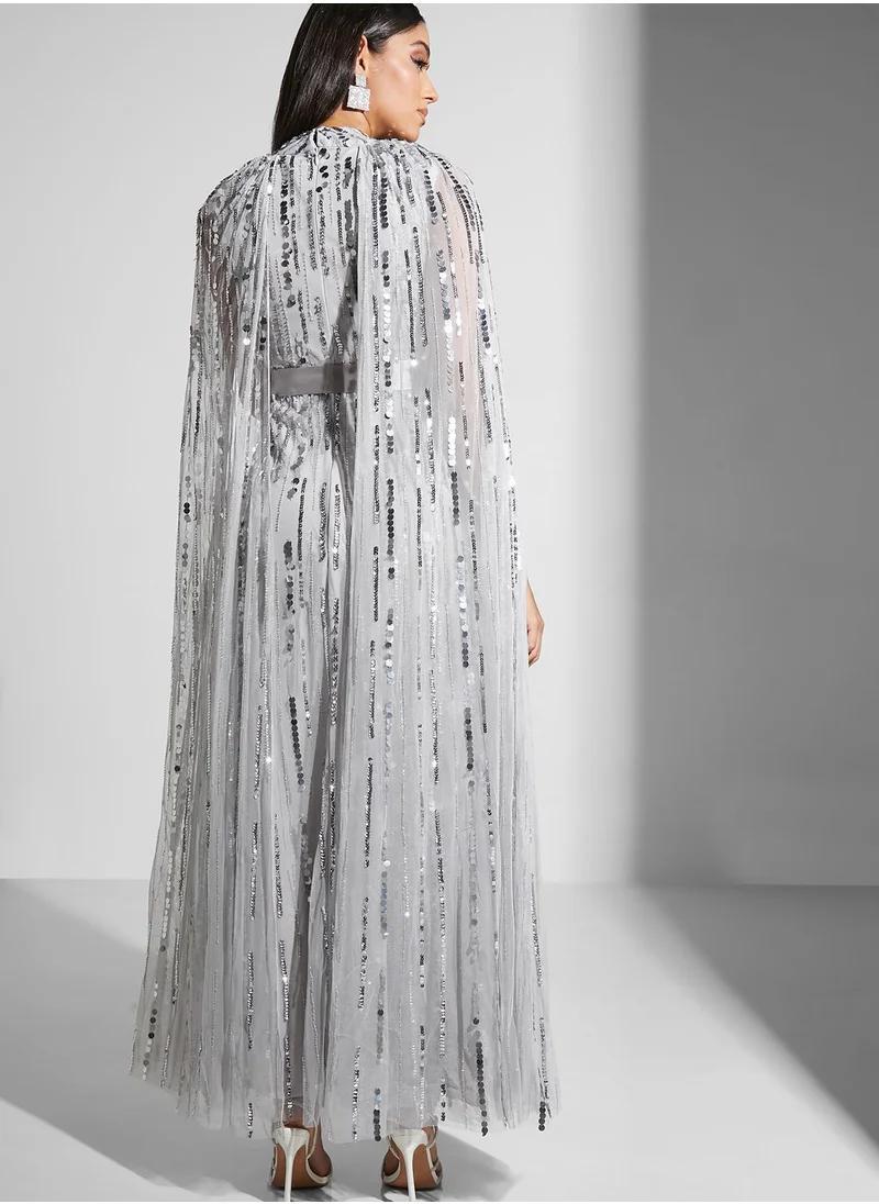 Amelia Rose High Neck Cape Sleeve Embellished Dress