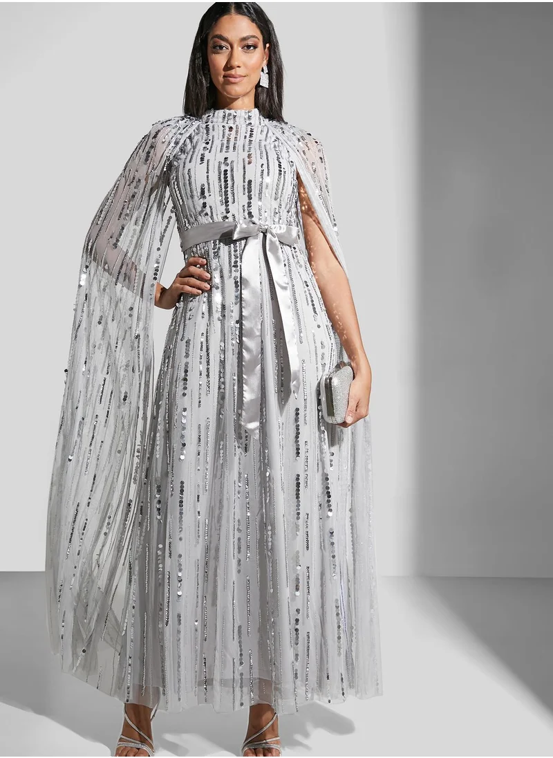Amelia Rose High Neck Cape Sleeve Embellished Dress