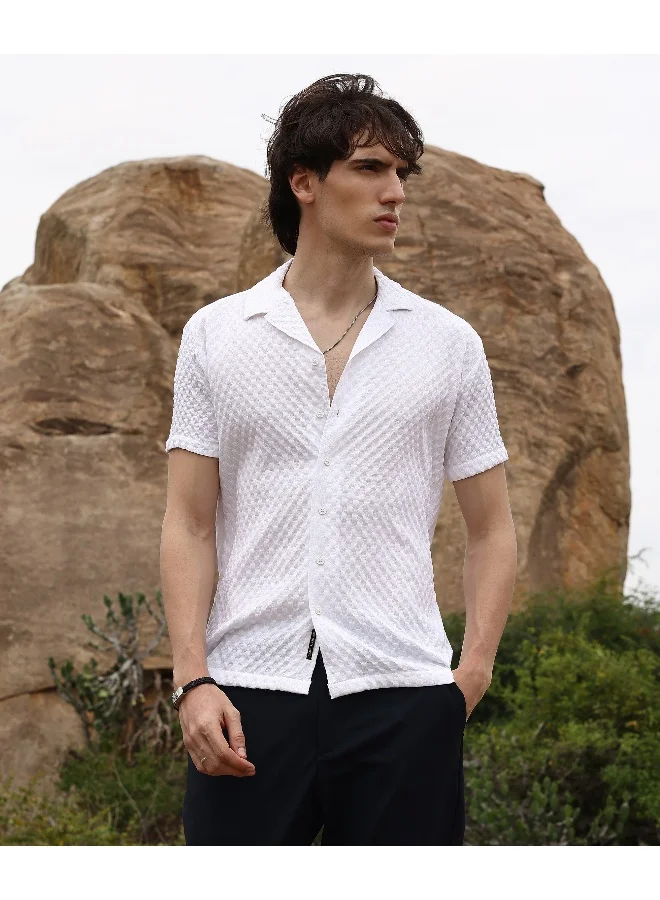 CAHOOT  Men's Chalk White Self-Design Block Shirt For Casual Wear | Cuban Collar | Short Sleeve | Button Closure | Shirt Crafted With Comfort Fit For Everyday Wear for Men | Best Price UAE