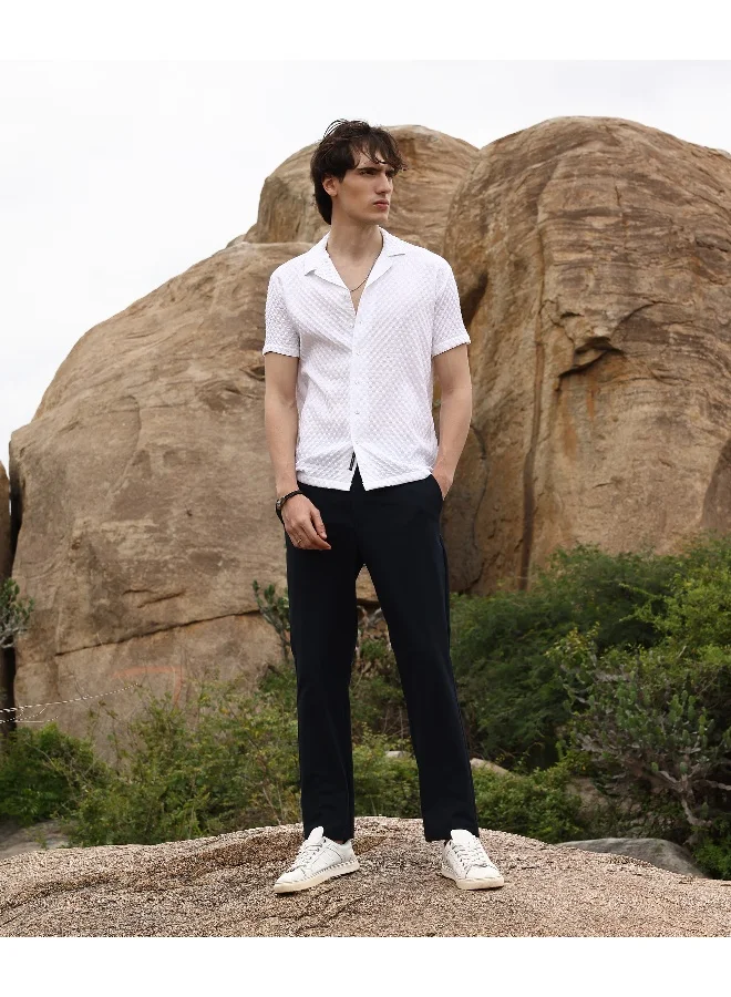 CAHOOT  Men's Chalk White Self-Design Block Shirt For Casual Wear | Cuban Collar | Short Sleeve | Button Closure | Shirt Crafted With Comfort Fit For Everyday Wear for Men | Best Price UAE