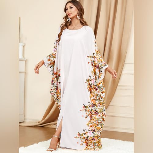 IWEMEK Muslim Dress Abayas Loose Maxi Caftan Gown Moroccan Kaftan for Women Ramadan Eid Turkish Long Sleeve Party Dress White-Floral - Image 3