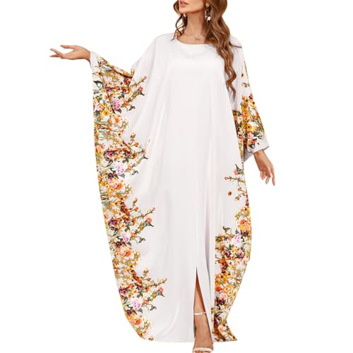 IWEMEK Muslim Dress Abayas Loose Maxi Caftan Gown Moroccan Kaftan for Women Ramadan Eid Turkish Long Sleeve Party Dress White-Floral - Image 1