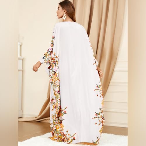 IWEMEK Muslim Dress Abayas Loose Maxi Caftan Gown Moroccan Kaftan for Women Ramadan Eid Turkish Long Sleeve Party Dress White-Floral - Image 5