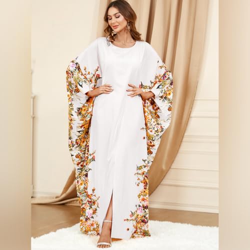 IWEMEK Muslim Dress Abayas Loose Maxi Caftan Gown Moroccan Kaftan for Women Ramadan Eid Turkish Long Sleeve Party Dress White-Floral - Image 4