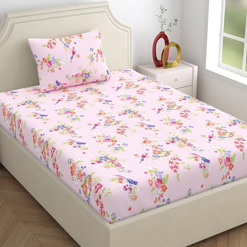 Home Ecstasy 100% Cotton Single Bedsheet with 1 Pillow Cover - (Size 59 x 87 inches, 140 TC, Colour - Pink: Blushed Petal) - Image 1
