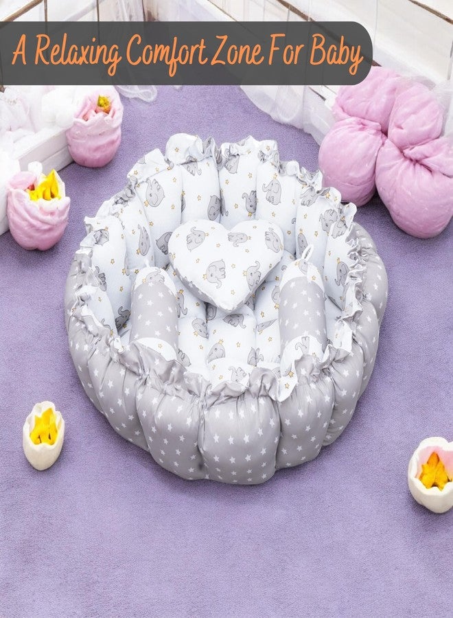 VOIDROP Baby Round Bed with Mosquito Net - Soft Plush Newborn Infant Crib Nest - Portable Baby Bassinet for Sleeping & Playing - Blue Elephant Pattern Cushion & Star Pillow (Grey) - Image 4