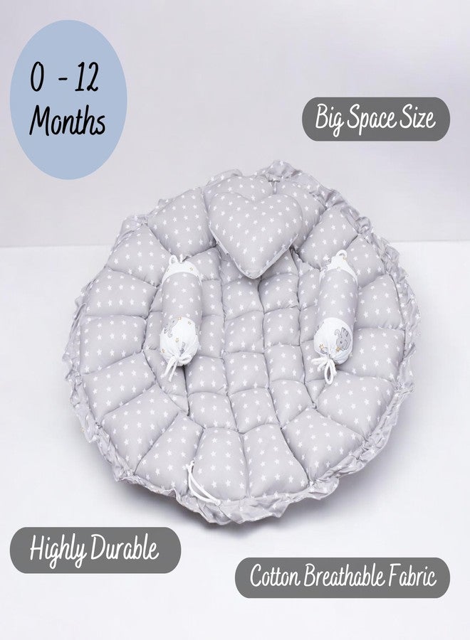 VOIDROP Baby Round Bed with Mosquito Net - Soft Plush Newborn Infant Crib Nest - Portable Baby Bassinet for Sleeping & Playing - Blue Elephant Pattern Cushion & Star Pillow (Grey) - Image 5