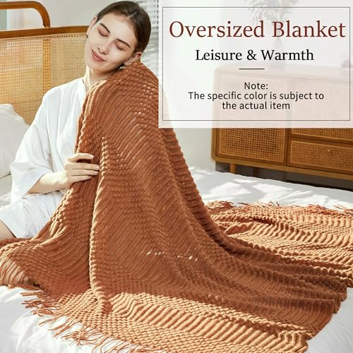 Blagic Knitted Throw Blanket for Couch and Bed, Soft & Cozy Knit Blanket with Tassel, Burnt Orange Lightweight Decorative Blankets & Throws, Farmhouse Warm Woven Blanket for All Seasons,50" W x 60" L - Image 3