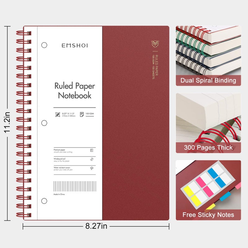 EMSHOI A4 Spiral Notebook College Ruled Journal - 300 Pages 100GSM Thick Paper, 180Â° Lays Flat | Notebooks for School, Work, Writing & Bible Study,11.2" X 8.27"-Wine Red - Image 2