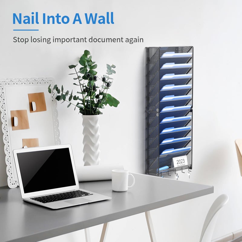 OUTWOLF Hanging Wall File Organizer with Hooks, 12 Tier Vertical Wall Mount File Holder, File Folder Wall Organizer for Office - Image 2