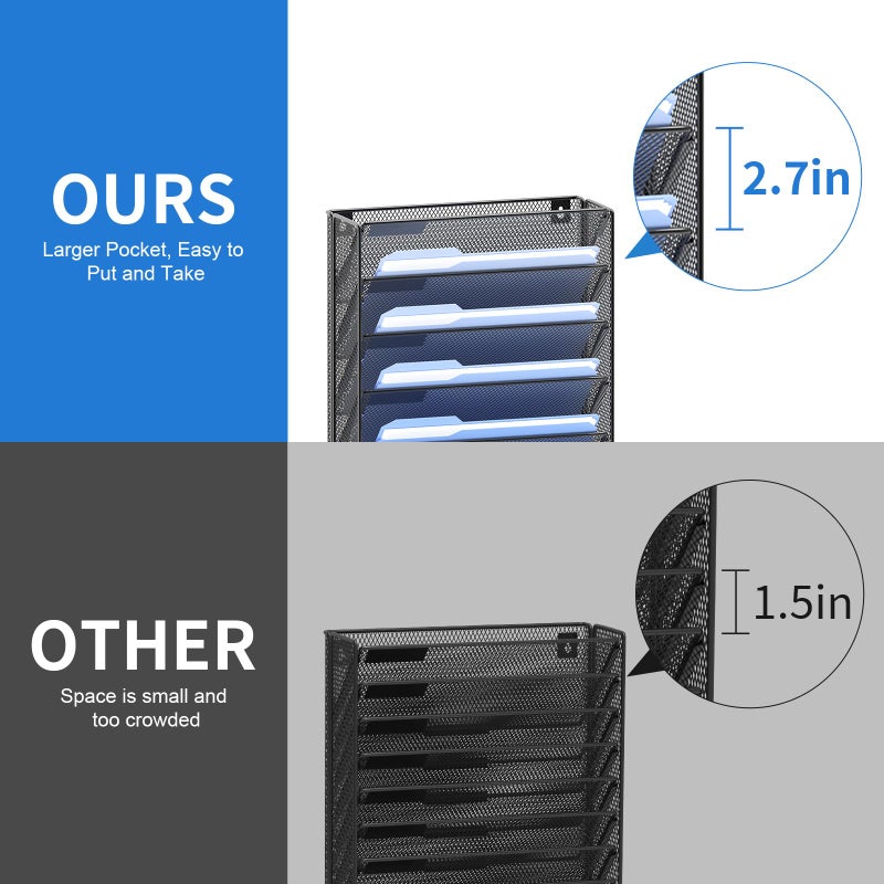 OUTWOLF Hanging Wall File Organizer with Hooks, 12 Tier Vertical Wall Mount File Holder, File Folder Wall Organizer for Office - Image 4