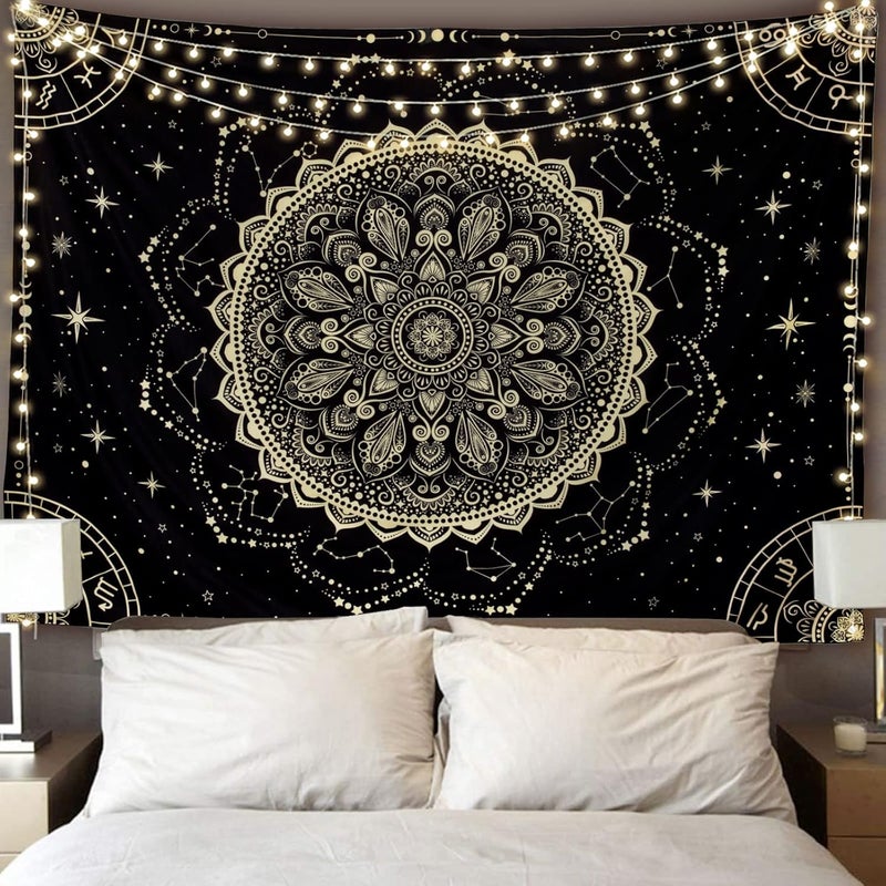 FLY SPRAY Black Golden Mandala Tapestry Astrology Space Wall Hanging Tapestries Wall tapestrys Large Aesthetic Hippie Decor Bohemian Art Boho Home Talestry for Bedroom,Living Room,Ceiling - Image 1