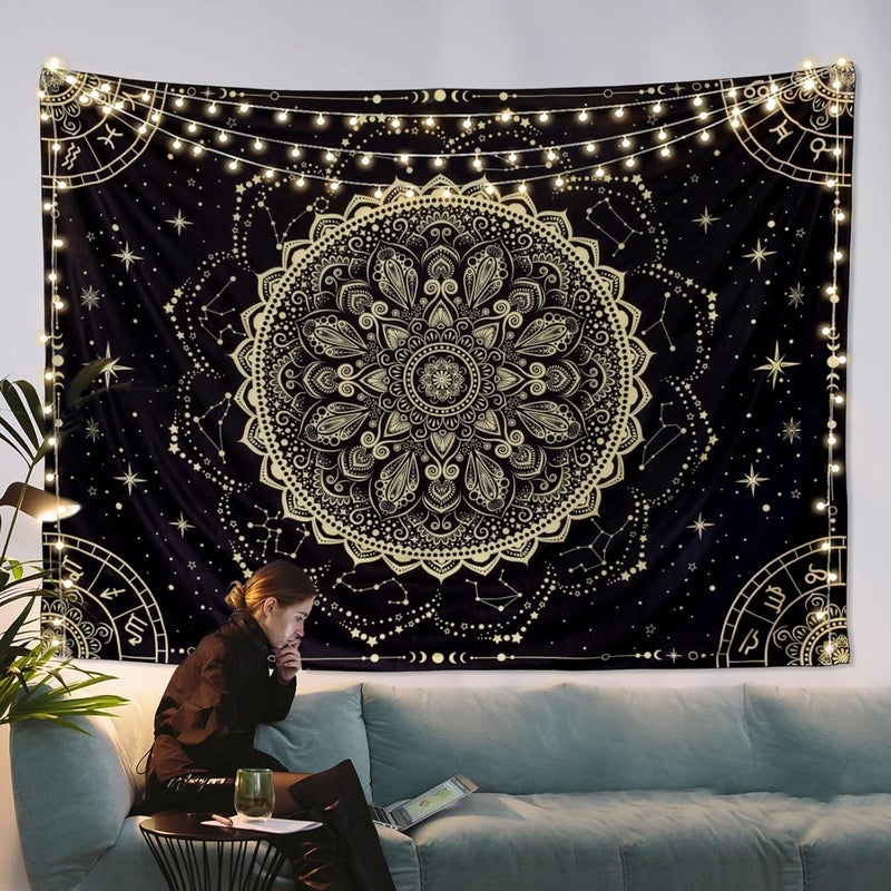 FLY SPRAY Black Golden Mandala Tapestry Astrology Space Wall Hanging Tapestries Wall tapestrys Large Aesthetic Hippie Decor Bohemian Art Boho Home Talestry for Bedroom,Living Room,Ceiling - Image 2