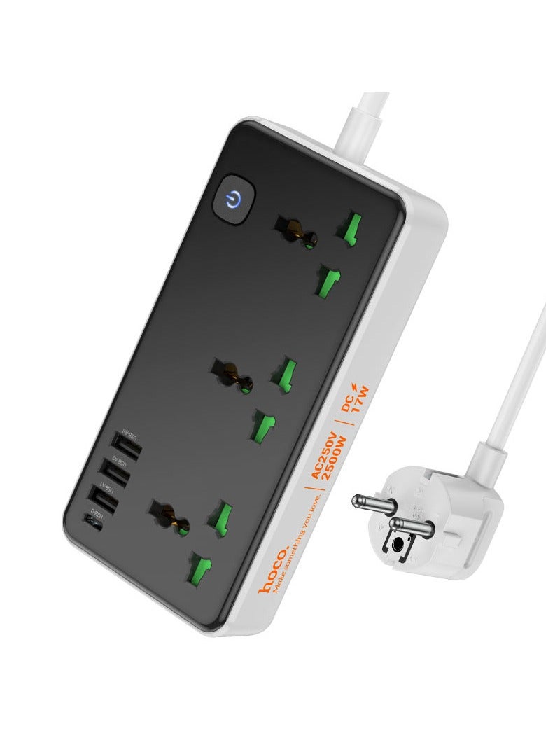 Hoco AC7B Multifunctional Premium Safety Socket with 3 Universal Outlets and High-Speed USB-C & USB-A Charging Ports - Image 2