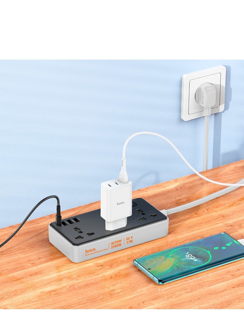 Hoco AC7B Multifunctional Premium Safety Socket with 3 Universal Outlets and High-Speed USB-C & USB-A Charging Ports - Image 3