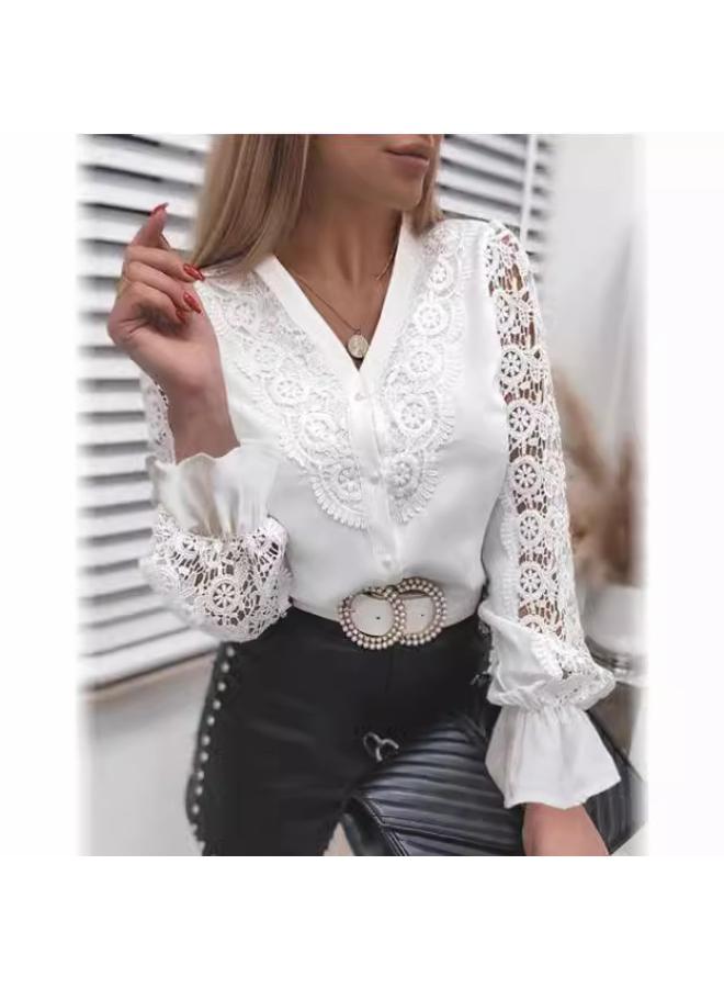 VUELO European Station Explosion Shirt New Solid Color Lace V-neck Cardigan Women's Shirt - Image 2