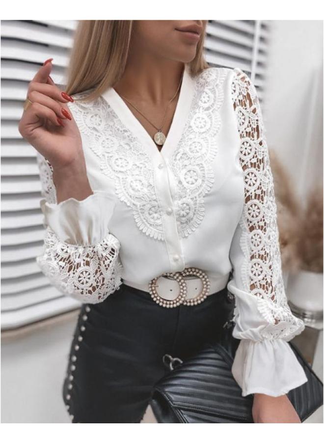 VUELO European Station Explosion Shirt New Solid Color Lace V-neck Cardigan Women's Shirt - Image 1