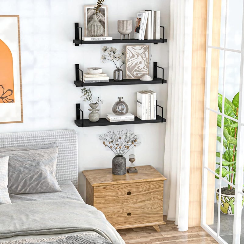EALLRINEC Floating Shelves - 24 Inch Wall Mounted Set of 3, Rustic Wood Storage Shelves for Living Room (Black) - Image 2