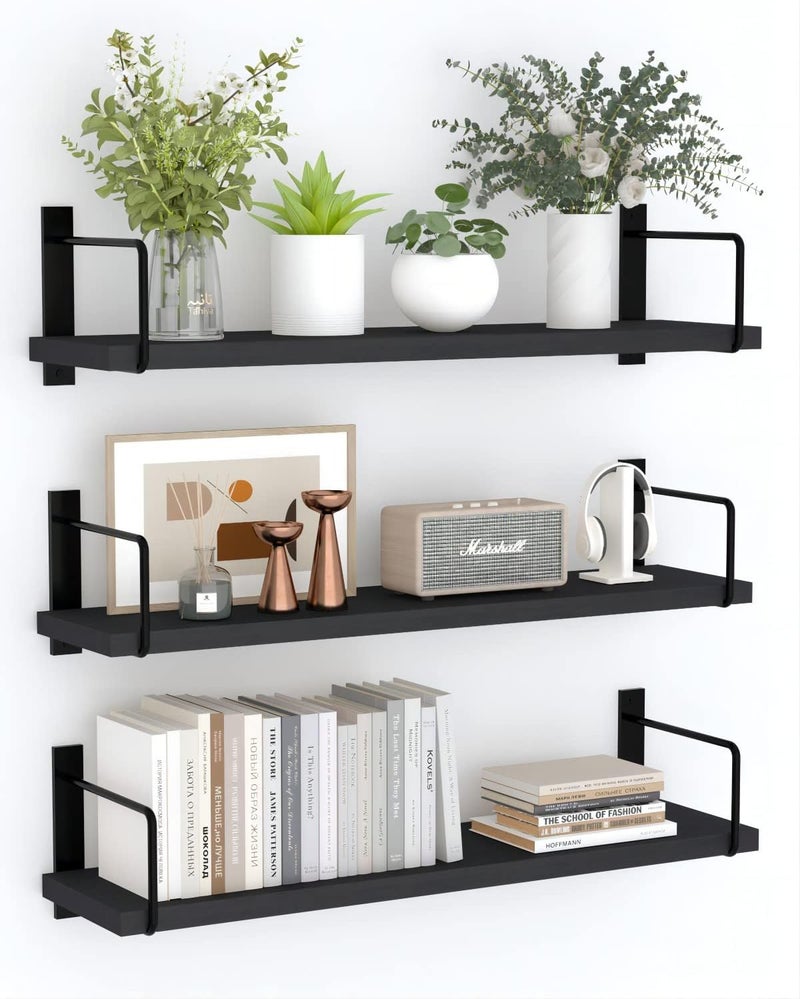 EALLRINEC Floating Shelves - 24 Inch Wall Mounted Set of 3, Rustic Wood Storage Shelves for Living Room (Black) - Image 1