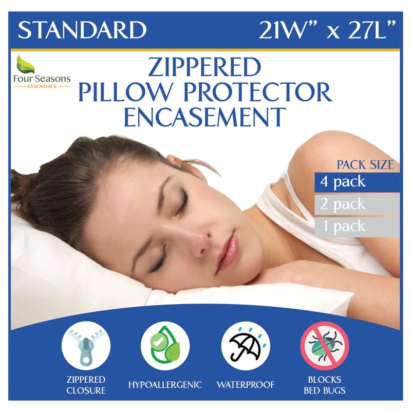 Four Seasons Essentials Standard Pillow Protectors (Set of 4) â€“ Hypoallergenic Pillow Cover Waterproof Dust Allergen Proof Zippered Encasement - Image 1