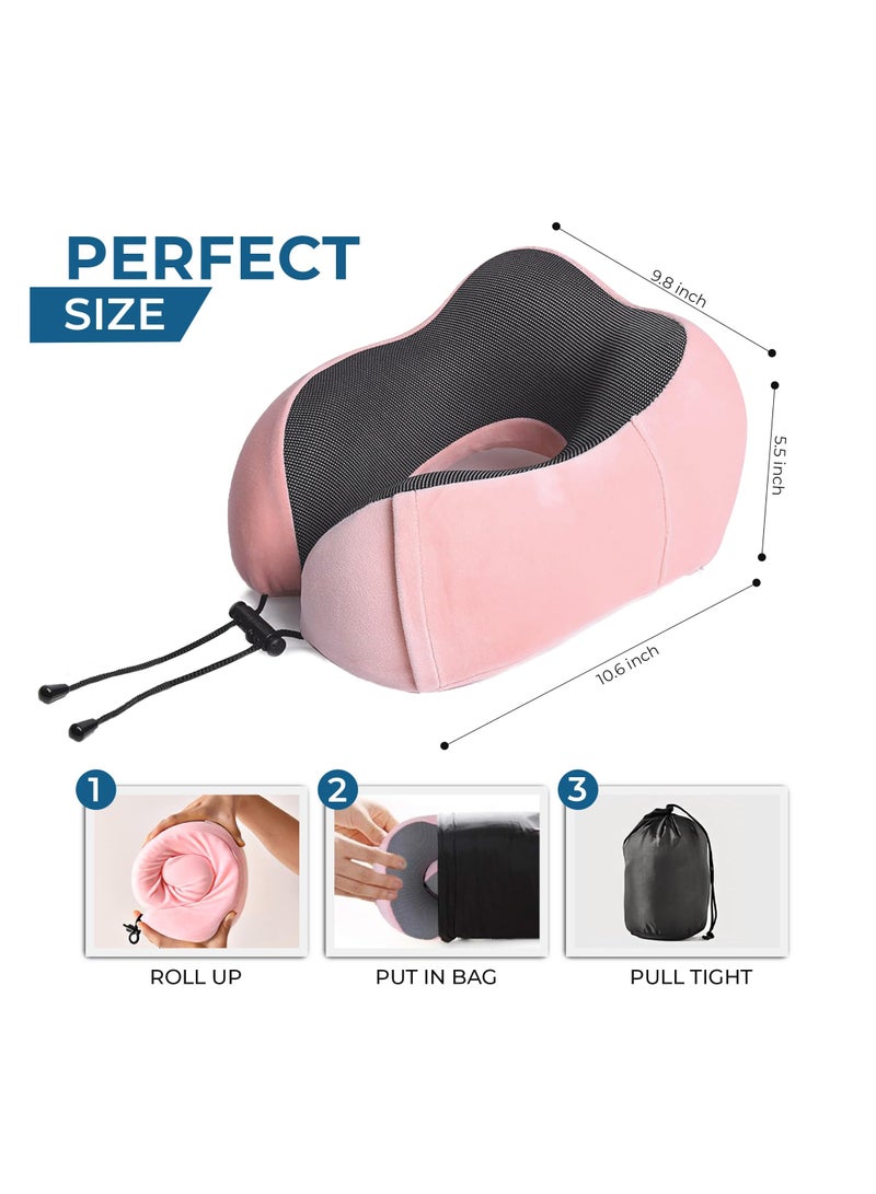 Flushrenic Travel neck pillow with eye mask and earplugs, made of pure memory foam, specially designed for use on planes, in cars and at home, relieves neck and shoulder pain, soft pillow suitable for travel and sleep (pink) - Image 2
