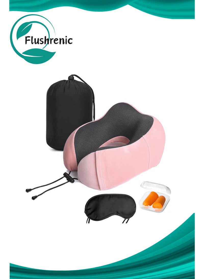 Flushrenic Travel neck pillow with eye mask and earplugs, made of pure memory foam, specially designed for use on planes, in cars and at home, relieves neck and shoulder pain, soft pillow suitable for travel and sleep (pink) - Image 1
