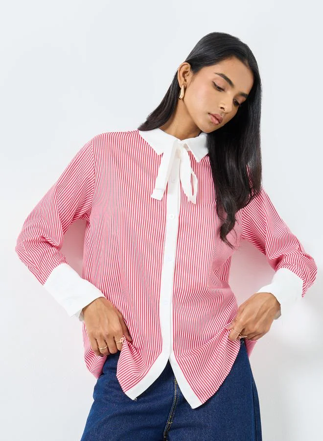 Take Two Striped Tie Up Neck Oversized Shirt