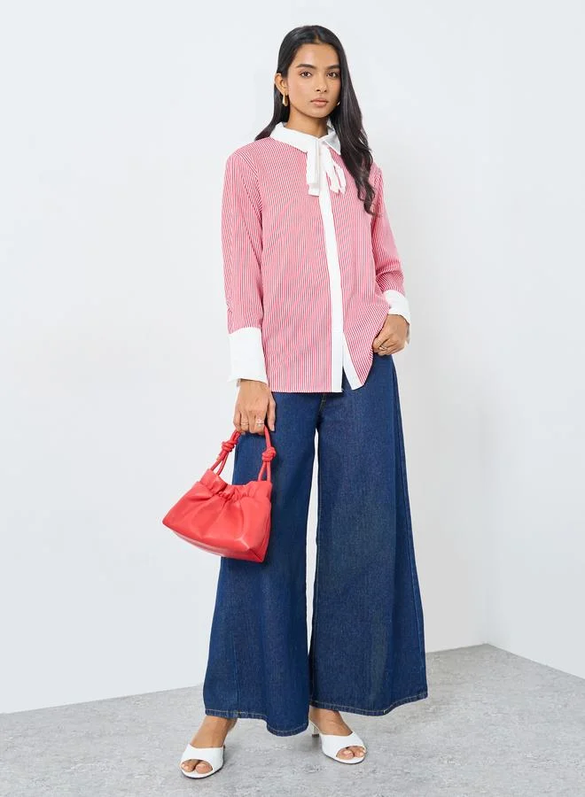 Take Two Striped Tie Up Neck Oversized Shirt