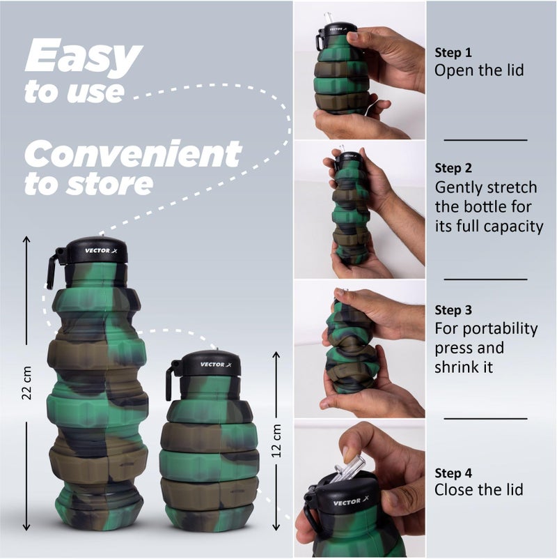 Vector X Collapsible Silicone Water Bottle, 500 ml Extended Capacity, Flexible & Portable - BPA-Free, Flip-Top Locking Lid with Carry Handle for Travel, Hiking, Camping, Gym (Pack of 1, Green) - Image 3