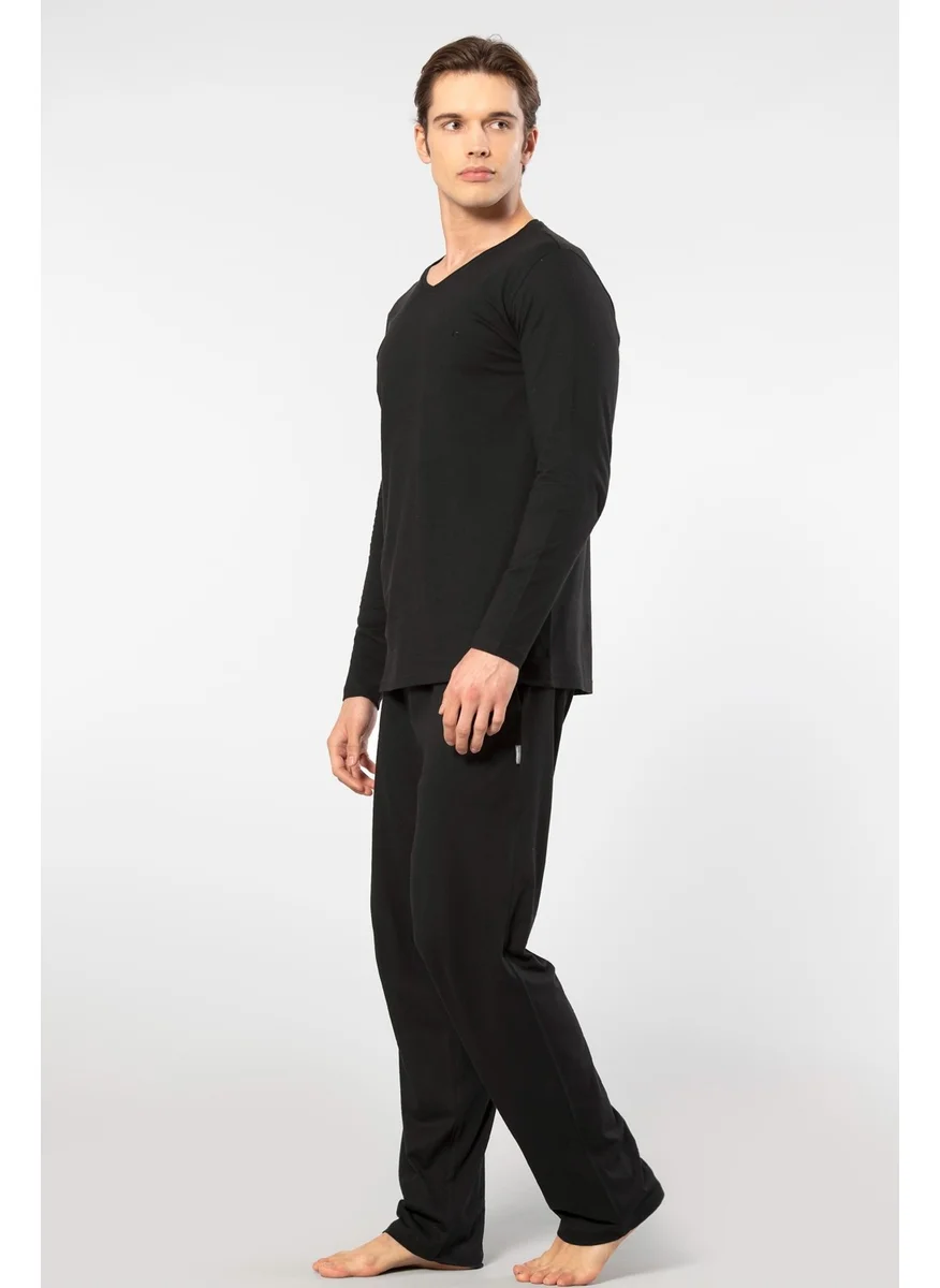 cacharel Men's V Neck Long Sleeve Pajama Set, 50% Modal, 50% Cotton Bottom Pajamas with Pocket