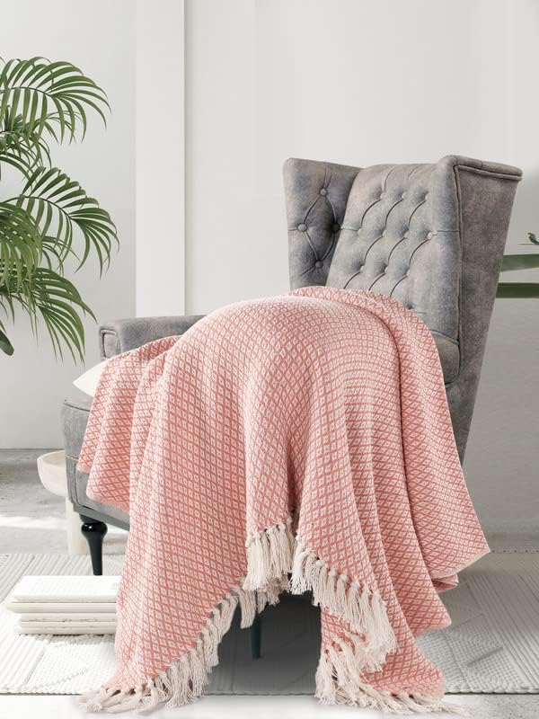 SASHAA World Cotton Soft Throw Blanket | Used Both Indoor and Outdoor |Blanket for Living Room, Sofa, Bed & Chair | Peach & White Throw Blanket| Pack of 1, 160 X130 Cm - Image 2