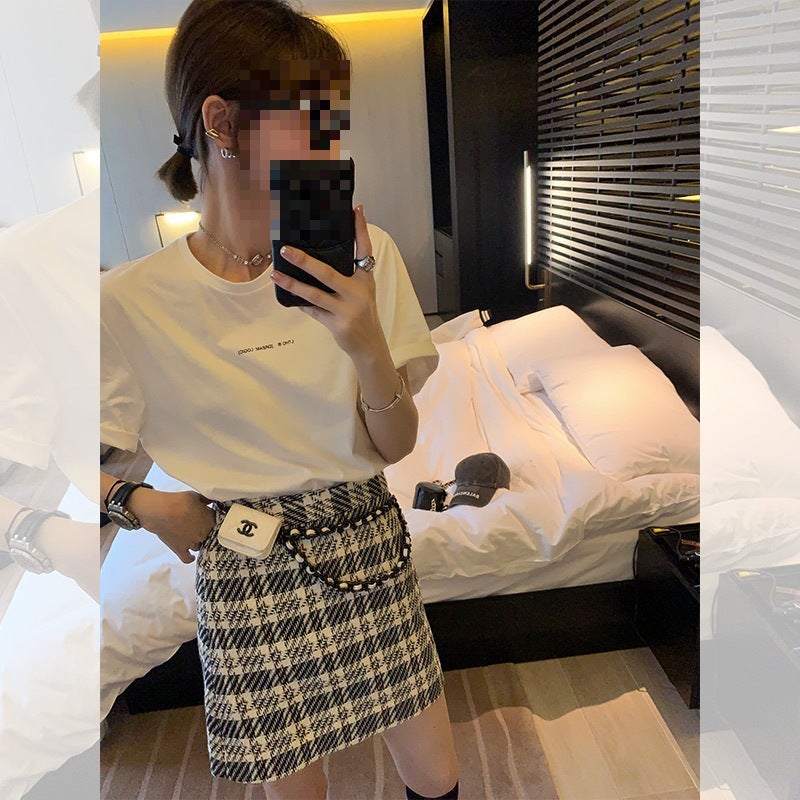 ] 13-Letter Printed T-Shirt Spring New Round Neck Short Sleeve Joker Loose Slimming Inside And Outside Top - Image 1