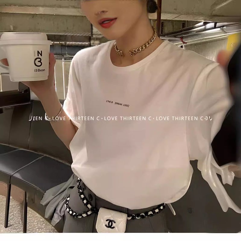 ] 13-Letter Printed T-Shirt Spring New Round Neck Short Sleeve Joker Loose Slimming Inside And Outside Top - Image 3