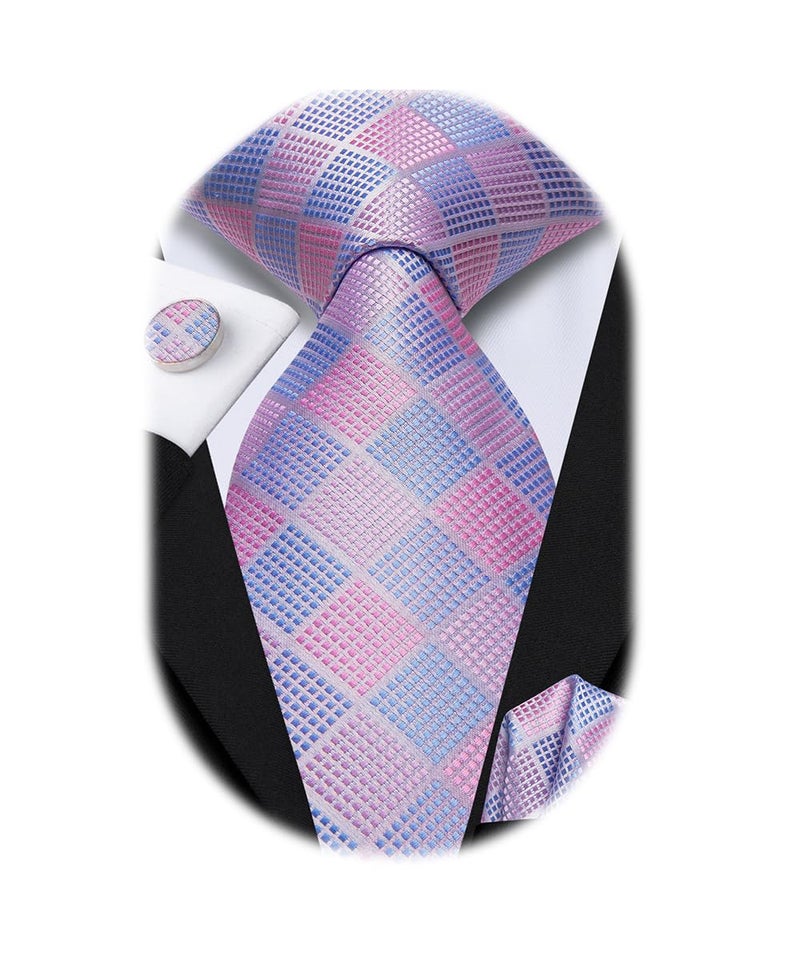 Dubulle Mens Blue Pink Checks Easter Tie WOVEN Necktie for Men and Handkerchief Cufflinks Set Wedding Formal Business - Image 1