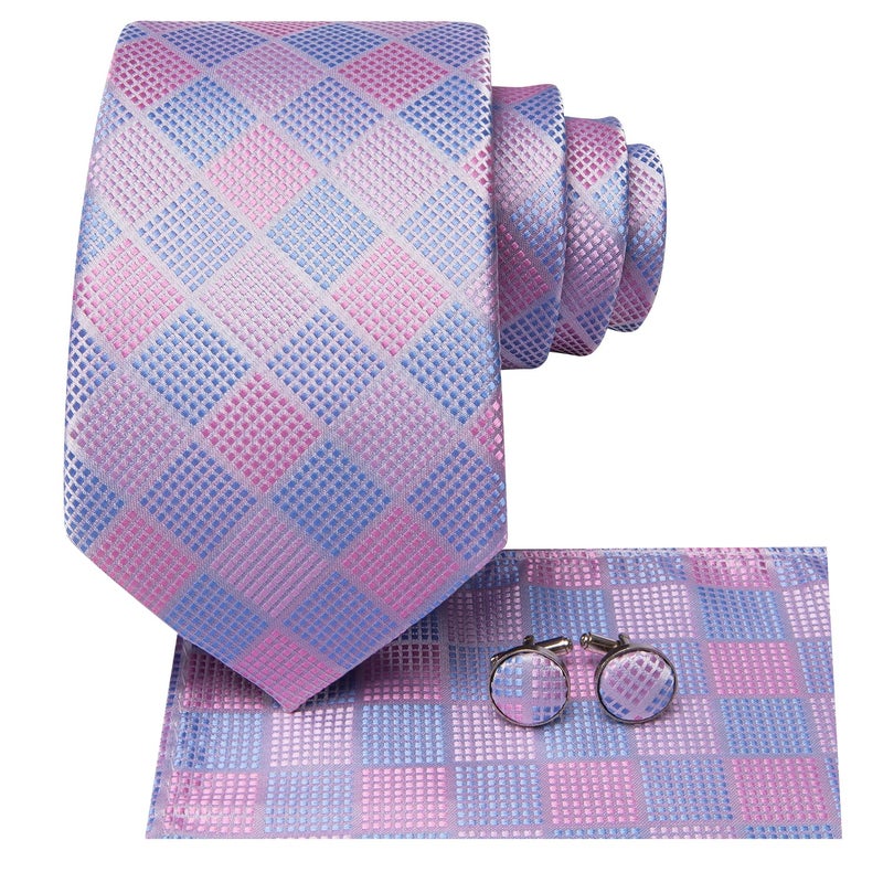 Dubulle Mens Blue Pink Checks Easter Tie WOVEN Necktie for Men and Handkerchief Cufflinks Set Wedding Formal Business - Image 2