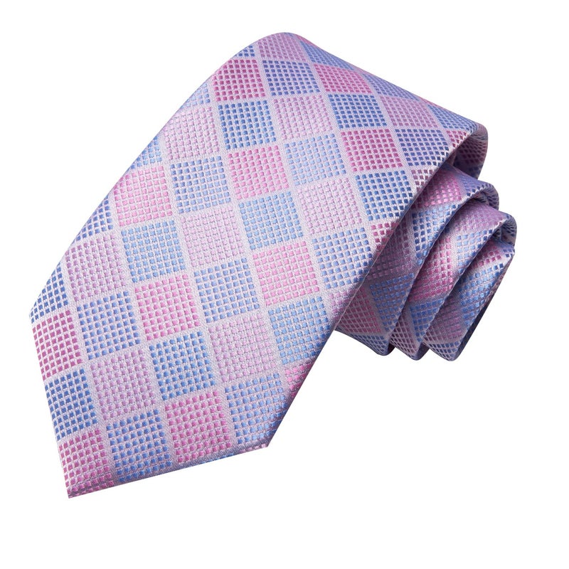 Dubulle Mens Blue Pink Checks Easter Tie WOVEN Necktie for Men and Handkerchief Cufflinks Set Wedding Formal Business - Image 3