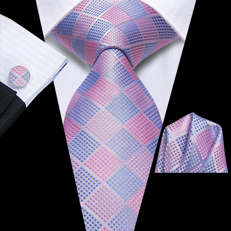 Dubulle Mens Blue Pink Checks Easter Tie WOVEN Necktie for Men and Handkerchief Cufflinks Set Wedding Formal Business - Image 5