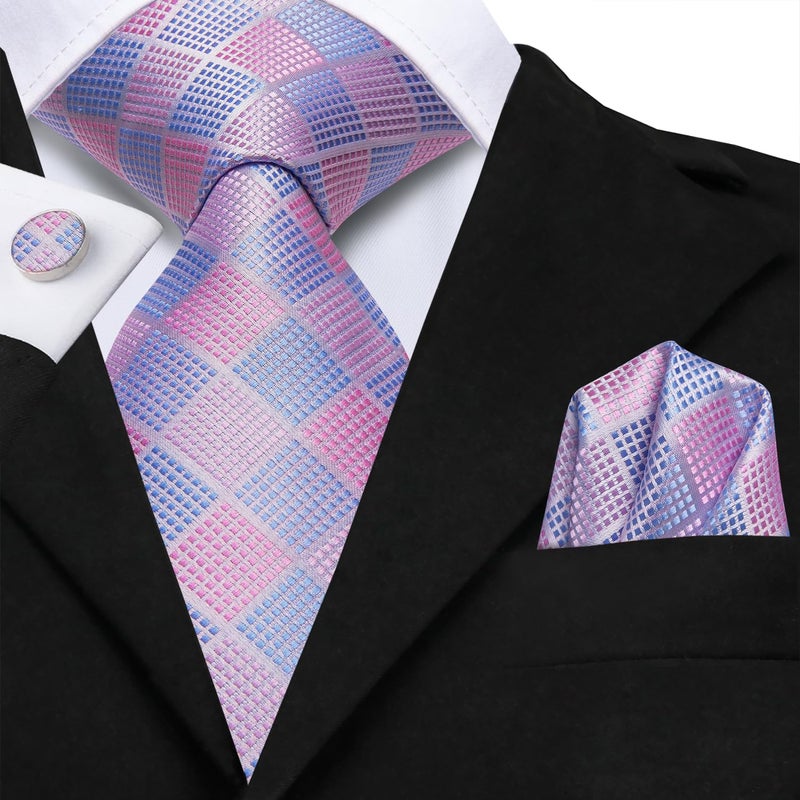 Dubulle Mens Blue Pink Checks Easter Tie WOVEN Necktie for Men and Handkerchief Cufflinks Set Wedding Formal Business - Image 4