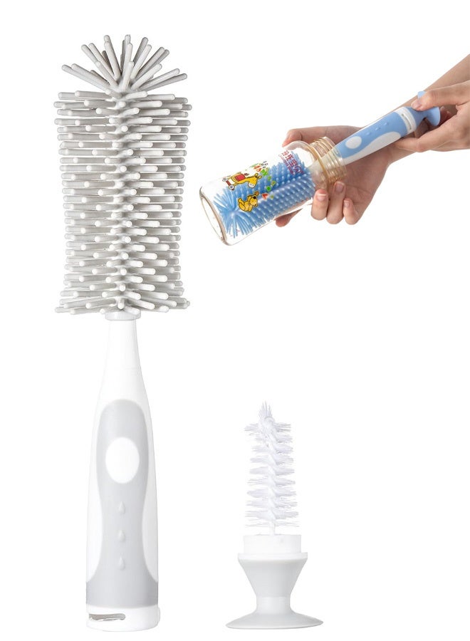 Multifunctional Cleaning Brush, Baby Bottle Brush, Water Bottle Brush Cleaner, Cup Brush, Rotate The Suction Cup to Obtain The Small Bristle Brushes Hidden in Handles, Set A, Grey - Image 1