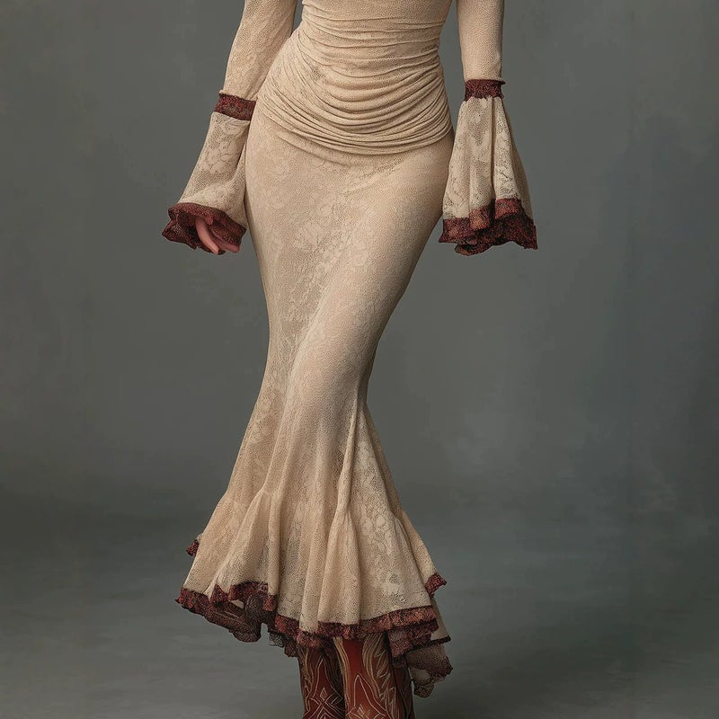 2026 Retro Western Style Cowl Neck Lace Mermaid Maxi Dress with Slim Fit and Flared Sleeves - Image 3