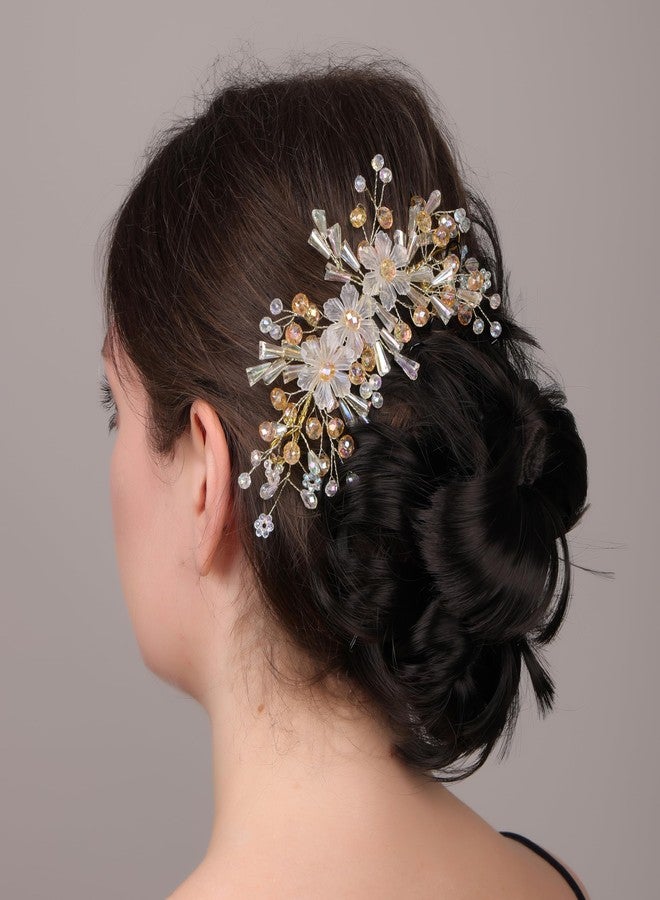 NNR Crystal Hair Accessories For Women's & Girls For Wedding - Artificial Flowers & Pearl Style Juda Bun Accessories - Floral Bridal Brooch & Hair Pins - Hairstyle Decoration Bride Clips, Peach White - Image 1