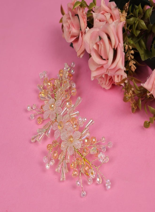 NNR Crystal Hair Accessories For Women's & Girls For Wedding - Artificial Flowers & Pearl Style Juda Bun Accessories - Floral Bridal Brooch & Hair Pins - Hairstyle Decoration Bride Clips, Peach White - Image 5