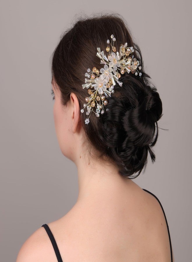 NNR Crystal Hair Accessories For Women's & Girls For Wedding - Artificial Flowers & Pearl Style Juda Bun Accessories - Floral Bridal Brooch & Hair Pins - Hairstyle Decoration Bride Clips, Peach White - Image 2
